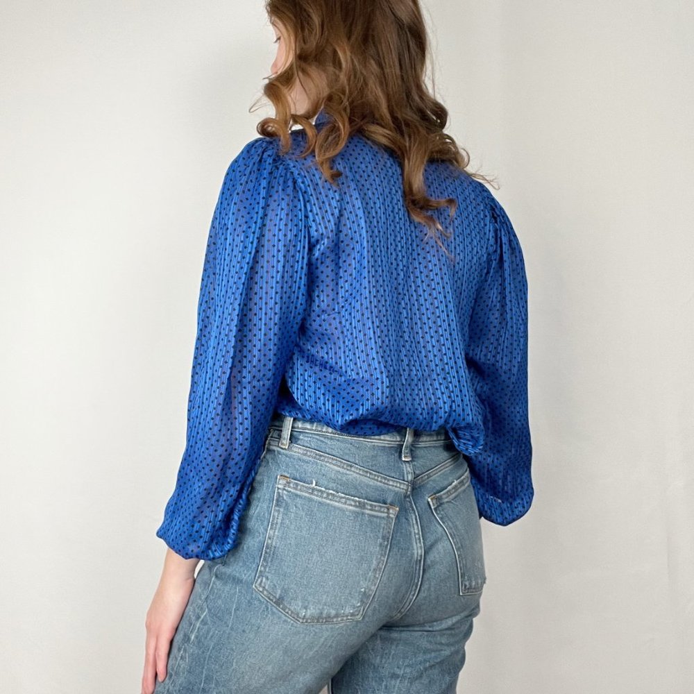 Vintage Parisian Pussy Bow Button Up Shirt Preppy Mid Century Modern MCM Blouse - Picture 2 of 8